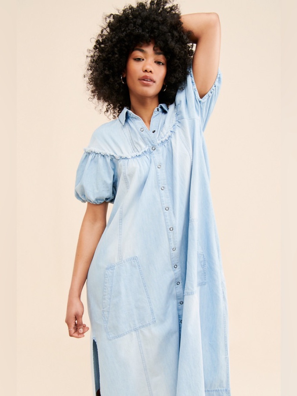 Free People Light Blue Puff-Sleeve Button-Front Midi Dress - Picture 5 of 6